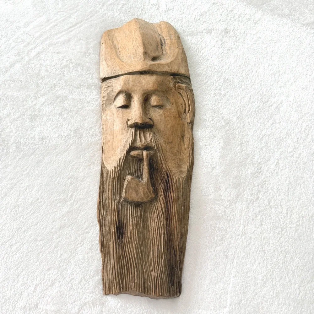 Vintage 70 Hand Carved Wooden Asian Sage Wall Mask Rustic Folk Art Hanging Decor